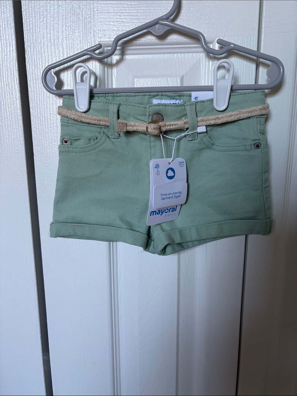 Mayoral Sage Green Girls' Cotton Shorts with Braided Rope Belt